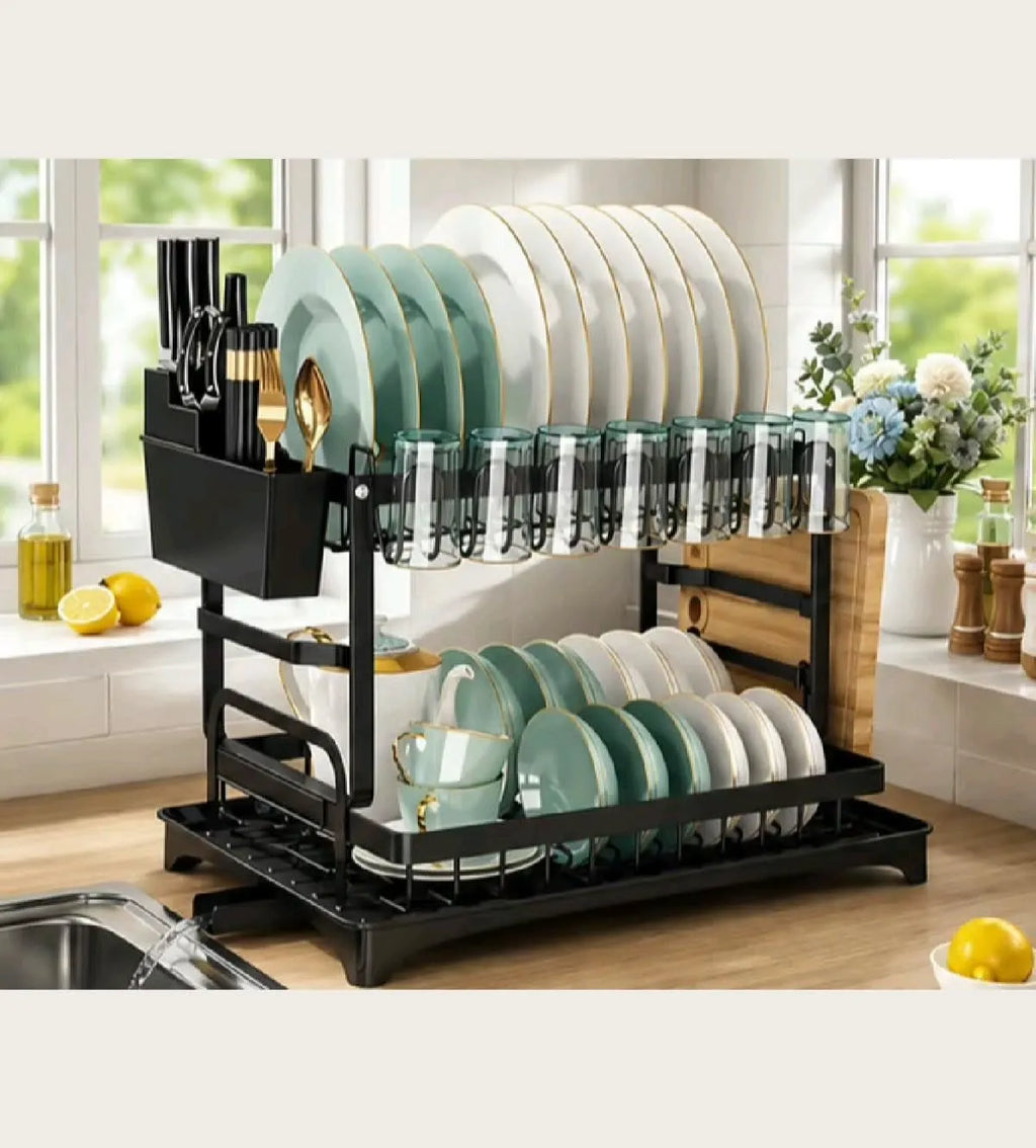 2 Tier Dish Drying Rack with Drainer, Cutlery Organizer and Cutting Board Holder, Wall Mounted Dish Drainer, Adjustable Layer Space, Stainless Steel