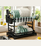 2 Tier Dish Drying Rack with Drainer, Cutlery Organizer and Cutting Board Holder, Wall Mounted Dish Drainer, Adjustable Layer Space, Stainless Steel