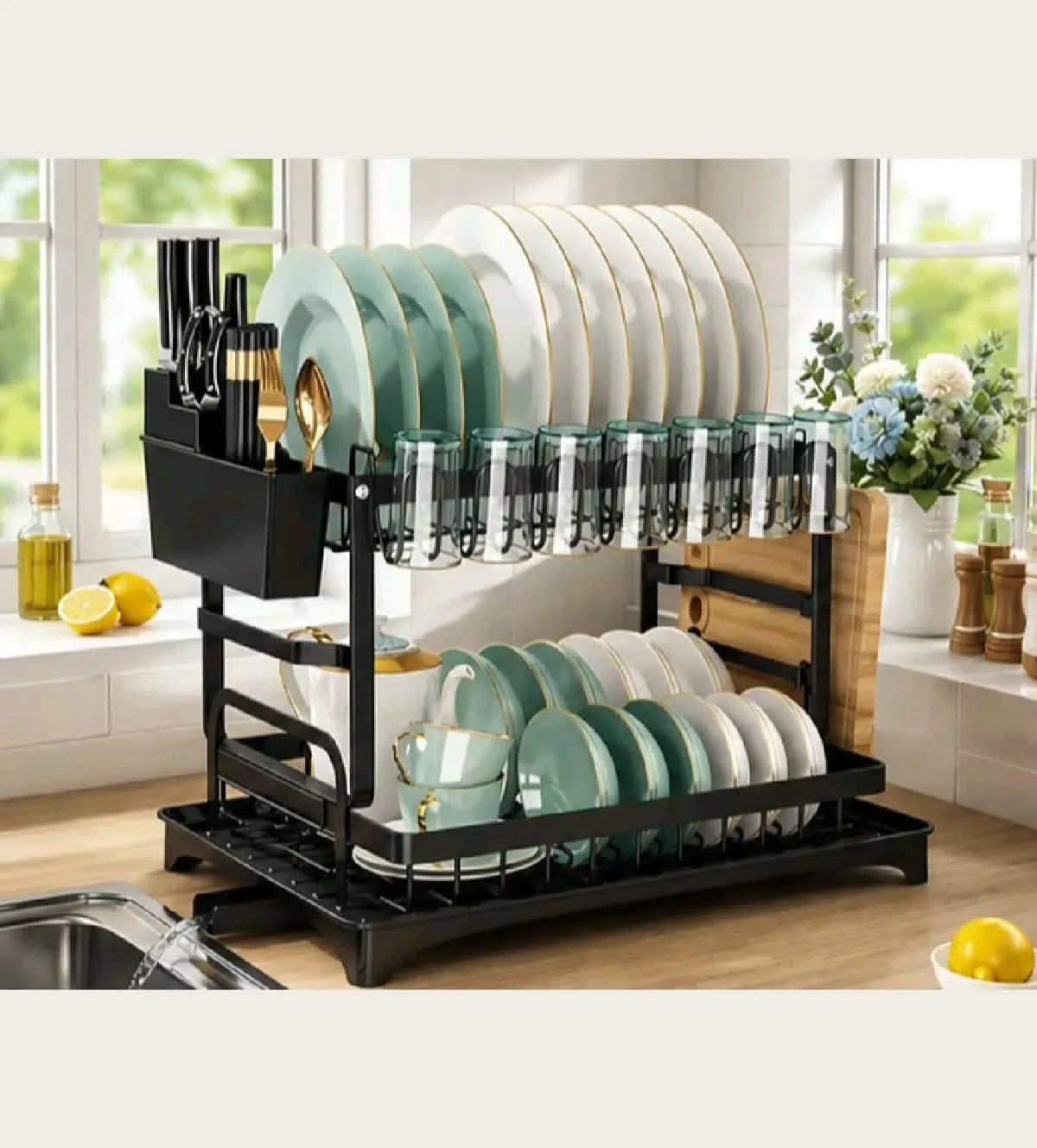 2 Tier Dish Drying Rack with Drainer, Cutlery Organizer and Cutting Board Holder, Wall Mounted Dish Drainer, Adjustable Layer Space, Stainless Steel