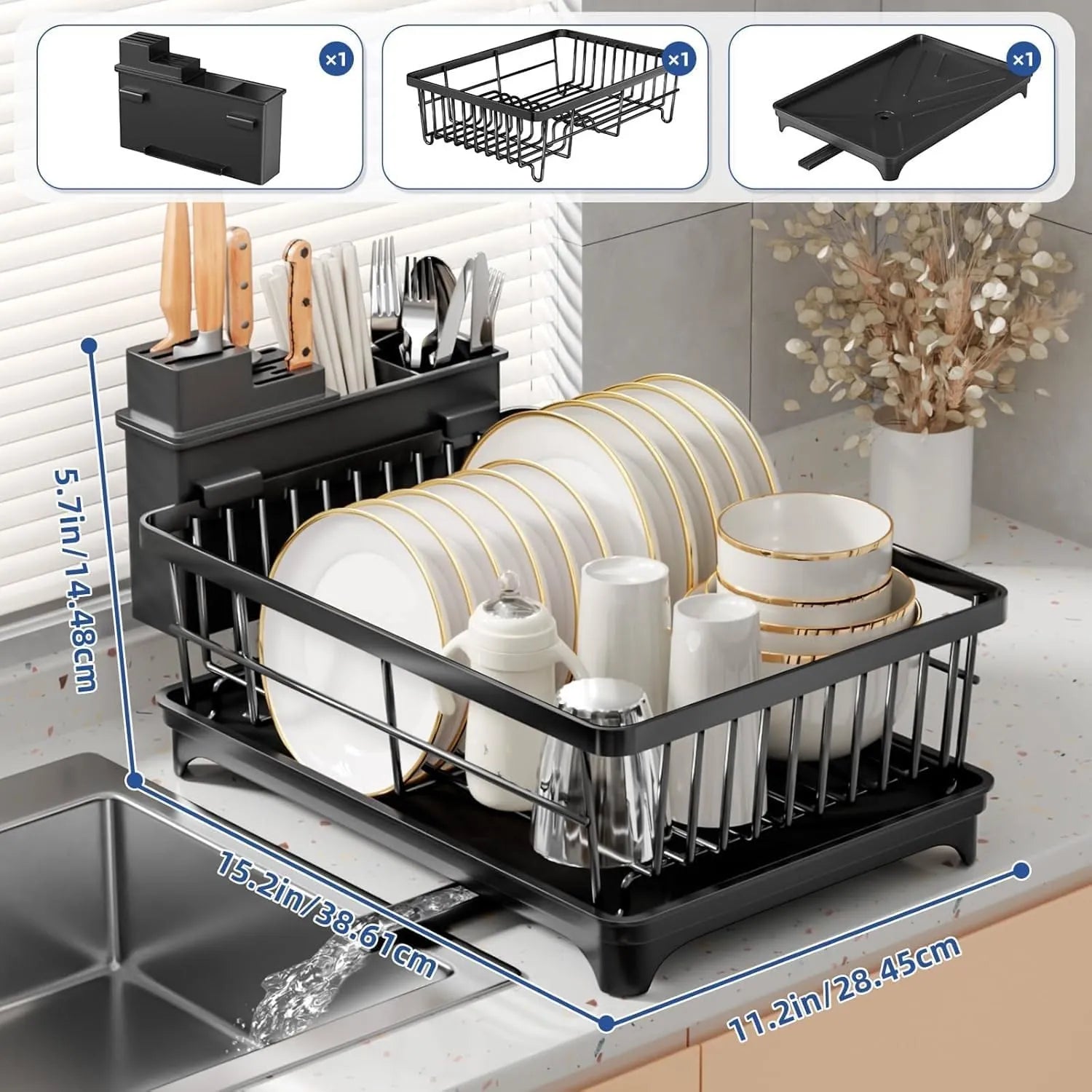 2 Tier Dish Drying Rack with Drainer, Cutlery Organizer and Cutting Board Holder, Wall Mounted Dish Drainer, Adjustable Layer Space, Stainless Steel