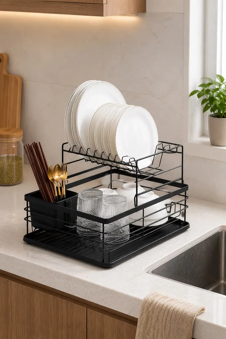 2 Tier Dish Drying Rack with Drainer, Cutlery Organizer and Cutting Board Holder, Wall Mounted Dish Drainer, Adjustable Layer Space, Stainless Steel