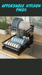 2 Tier Dish Drying Rack with Drainer, Cutlery Organizer and Cutting Board Holder, Wall Mounted Dish Drainer, Adjustable Layer Space, Stainless Steel