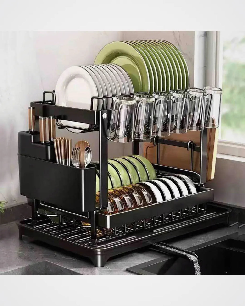 2 Tier Dish Drying Rack with Drainer, Cutlery Organizer and Cutting Board Holder, Wall Mounted Dish Drainer, Adjustable Layer Space, Stainless Steel