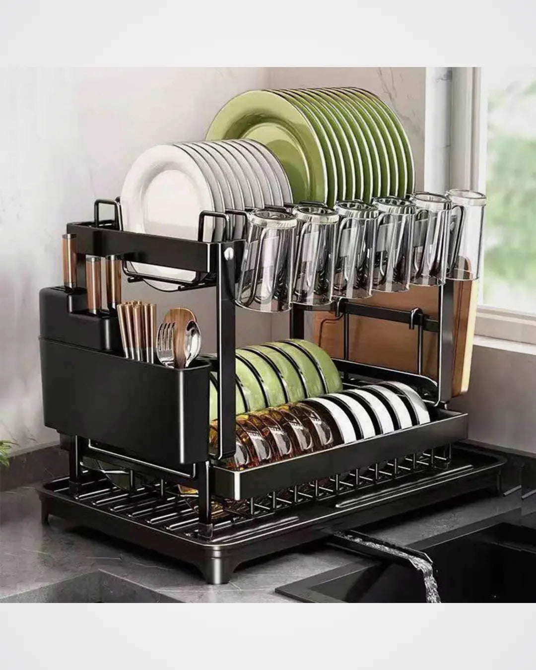 2 Tier Dish Drying Rack with Drainer, Cutlery Organizer and Cutting Board Holder, Wall Mounted Dish Drainer, Adjustable Layer Space, Stainless Steel